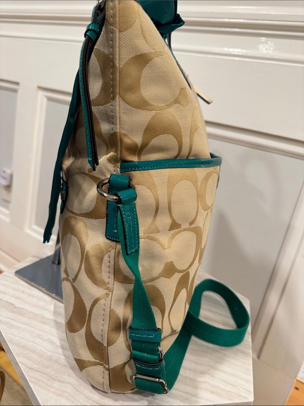 Coach Bag Oversized Signature Green Tan Stripe Foldover Tote EUC RARE - Picture 5 of 17